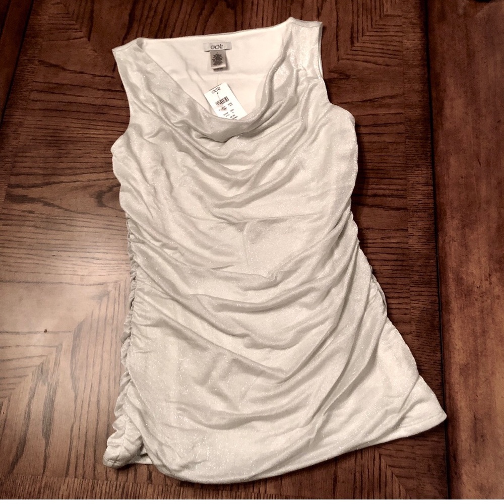 Cache Shimmer Silver Drape Neck Ruched Side Top S